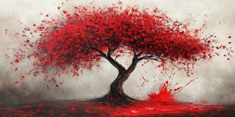 Wall Mural - A painting of a tree with red leaves and a splash of red paint 