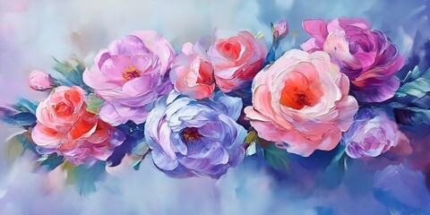 Wall Mural - Oil painting flowers art on canvas horizontal banner wallpaper background