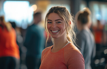 Sticker - A smiling woman doing fitness exercises in a gym with a group of people. 