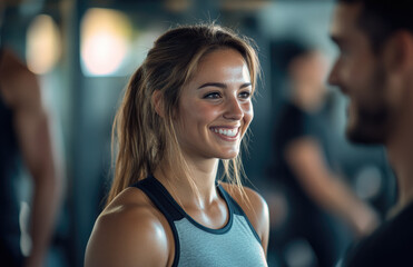 Poster - A smiling woman doing fitness exercises in a gym with a group of people. 