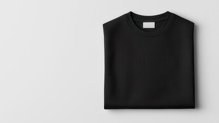 Folded black t-shirt mockup with customizable label, studio shot, isolated on a plain background