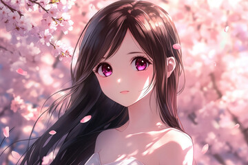 Wall Mural - A cute anime girl with long brown hair and red eyes, wearing a white dress under a cherry blossom tree