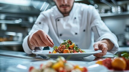 Wall Mural - A chef in a professional kitchen plating a gourmet dish with precision. Generative AI.