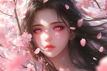 Canvas Print - A cute anime girl with long brown hair and red eyes, wearing a white dress under a cherry blossom tree