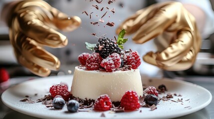 Hands of a pastry chef sprinkling shavings of dark and white chocolate over a fine white dessert with fresh berries in a modern luxury kitchen. Generative AI.