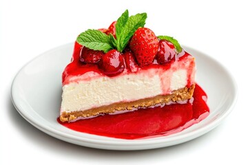 Poster - Delicious Strawberry Cheesecake Slice on White Plate