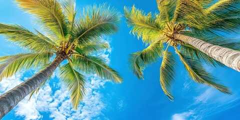 An image of two nice palm trees with blue sky, beautiful tropical background. 