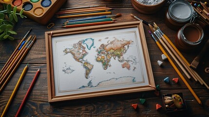 Poster - Framed World Map with Painting Supplies