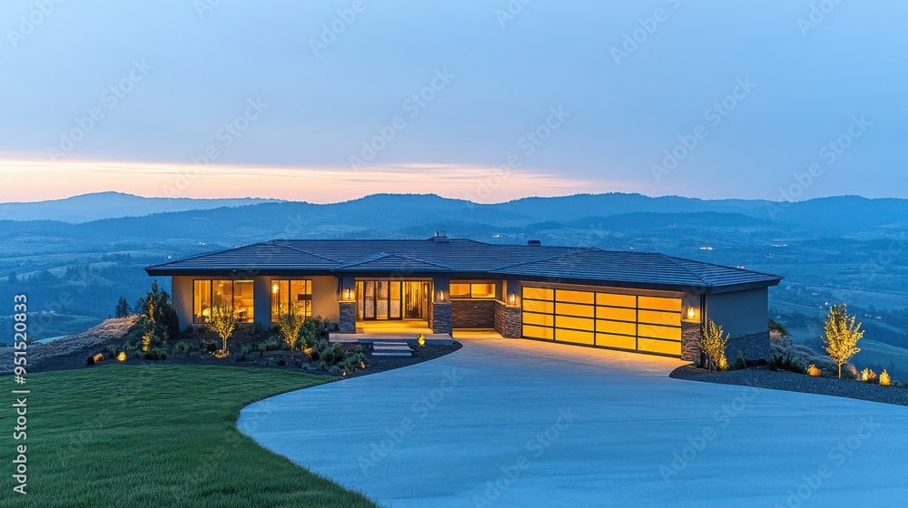 Luxury modern farmhouse exterior at dusk with large windows and garage ...