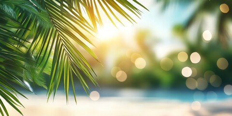 nature blur green palm leaves on tropical beach with sun bokeh lights