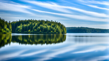 Beautiful park scenery, lakes and forests, blue sky and white clouds, natural scenery background