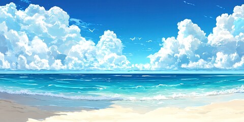 Canvas Print - Blue sky and white clouds summer beach illustration 