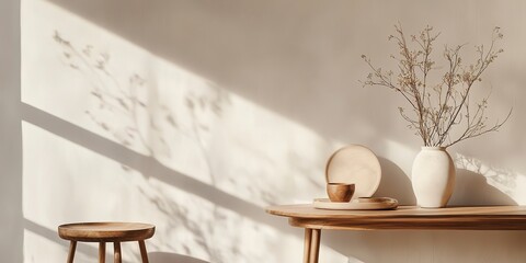 Sticker - A well-composed image showcasing minimalist wooden furniture and decor items suitable as a wallpaper or background 