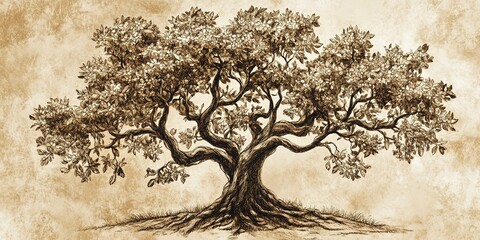 intricate handdrawn family tree illustration vintage sepia tones delicate branching oak design ornate leaf engravings nostalgic atmosphere