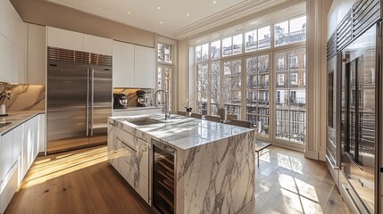 Poster - Modern kitchen with marble island and floor-to-ceiling windows