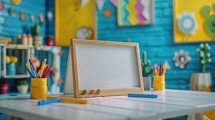 Sticker - Whiteboard and Markers on a Table in a Colorful Classroom