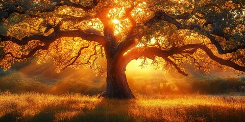 Poster - Majestic oak tree illuminated by golden sunrise light, casting a warm glow through its branches and creating a serene, natural scene