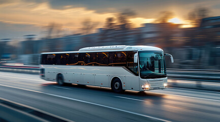 A white bus is driving on the highway, luxurious. Generative AI.