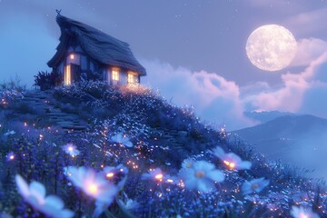 Wall Mural - Enchanted Cottage Under a Full Moon