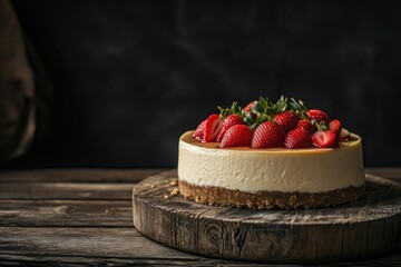 Canvas Print - Delicious Strawberry Cheesecake on a Wooden Platter