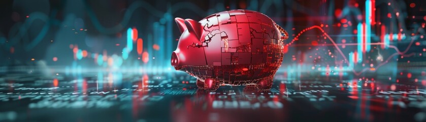 Digital art of cracked piggy bank with crashing stock graphs, price drop business, financial loss concept