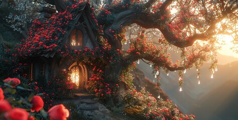 Poster - Enchanted Cottage Amidst Roses