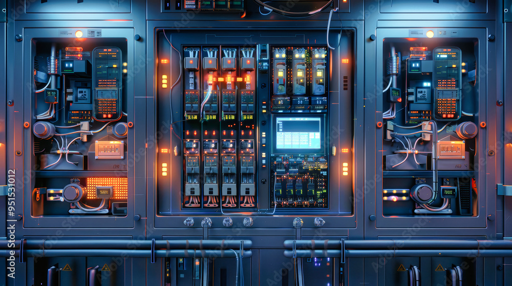 Bright blue backlighting illuminates a complex industrial control ...