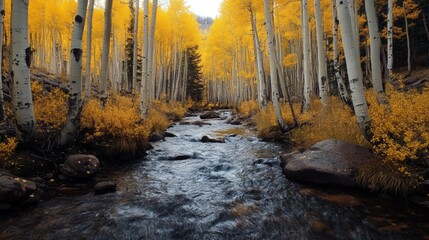 Crystal-clear mountain stream winding through a golden aspen grove