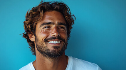 A handsome man in a white t-shirt smiling and looking off to the side on a pastel light blue background, representing a carefree and confident summer lifestyle.