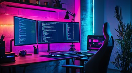 A modern workspace featuring dual monitors, coding display, and ambient lighting, perfect for tech enthusiasts and developers.
