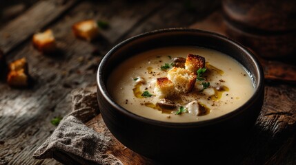 Canvas Print - Creamy Mushroom Soup with Toasted Croutons