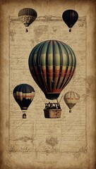 Wall Mural - Hot air balloons on aged paper with a vintage design.