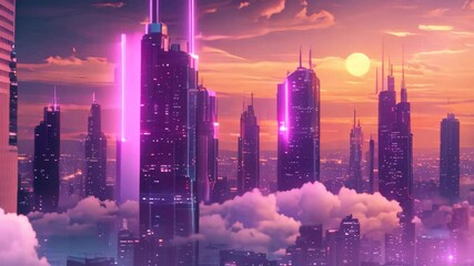 Poster - A digital video of a futuristic city skyline at dusk, with glowing lights and a setting sun, A futuristic city skyline at dusk with glowing skyscrapers against a colorful sunset