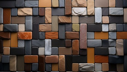 Wall Mural - Assorted stone tiles arranged in a geometric pattern, showcasing various textures and colors.