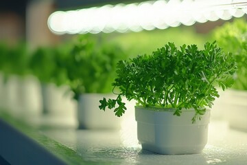 Poster - Green leafy plant in a white pot under grow lights