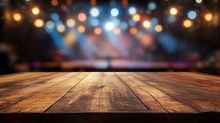 Poster - Wooden Tabletop with Bokeh Lights Background