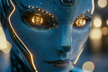 Close-up of a Female Cyborg's Face with Glowing Eyes