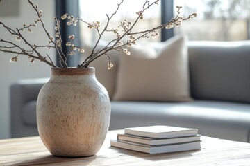 A close-up of a modern living room table with a natural wood finish