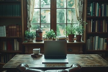 Poster - Laptop on a desk with bookshelves and a window