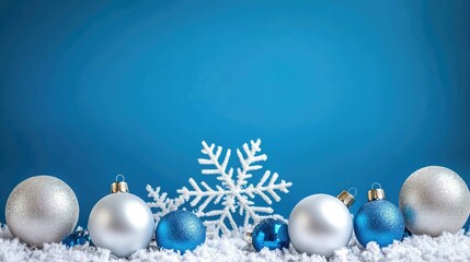 Wall Mural - blue christmas background with snowflakes and christmas balls. copy space backgrounds