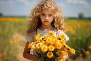 Young girl holding a bouquet of bright yellow flowers in a field on a sunny day. Generative AI