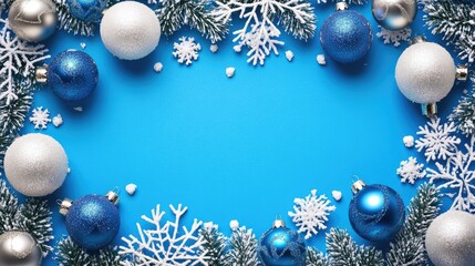 Wall Mural - blue christmas background with snowflakes and christmas balls. Copy space backgrounds