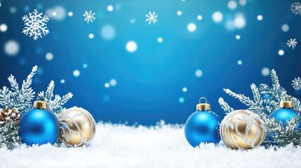 Wall Mural - blue christmas background with snowflakes and christmas balls. copy space backgrounds