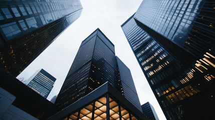 A view of a high rise glass building and a dark steel window system on a blue clear sky background. A business concept of future architecture, looking up to the sun's light on top of the building. 3D