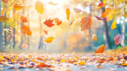 Wall Mural - Autumn Leaves Falling in Golden Forest