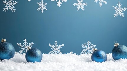 Wall Mural - blue christmas background with snowflakes and christmas balls. Copy space backgrounds