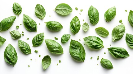 Wall Mural - Fresh Basil Leaves Scattered on White Background Generative AI