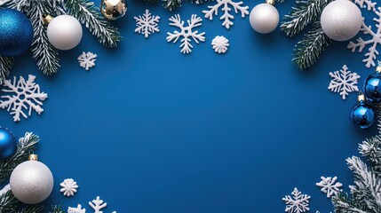 Wall Mural - blue christmas background with snowflakes and christmas balls. copy space backgrounds