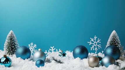 Wall Mural - blue christmas background with snowflakes and christmas balls. Copy space backgrounds