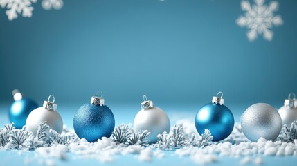 Wall Mural - blue christmas background with snowflakes and christmas balls. copy space backgrounds